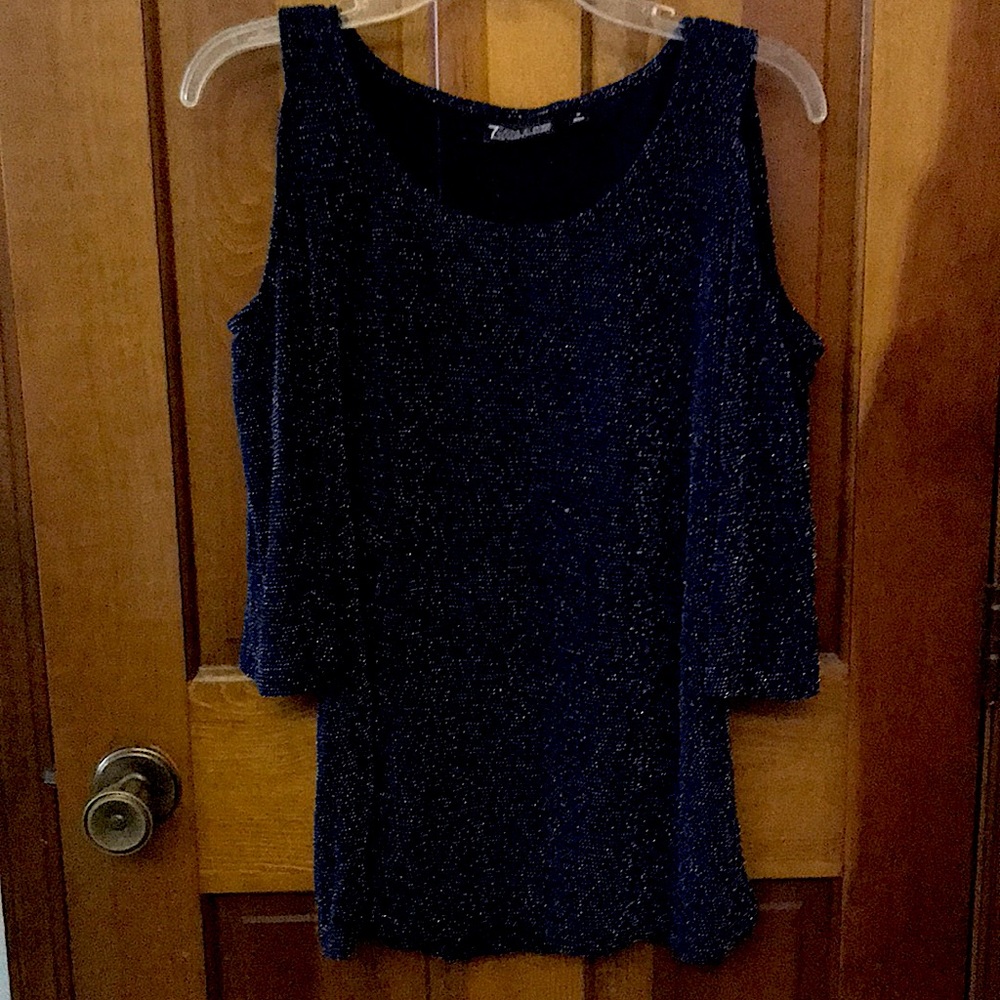 Dark Blue Sparkly Too with open shoulder sleeves